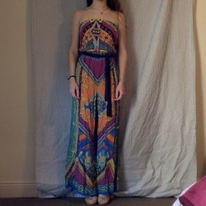 patterned strapless palazzo jumpsuit
